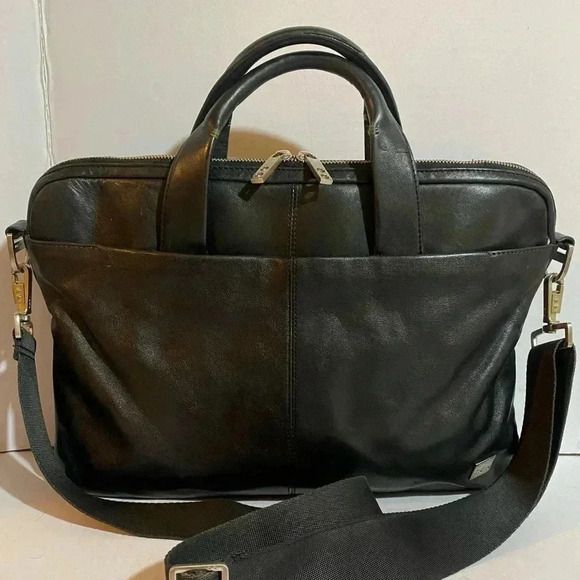 Knomo  unisex black leather messenger laptop briefcase bag - Picture 4 of 13